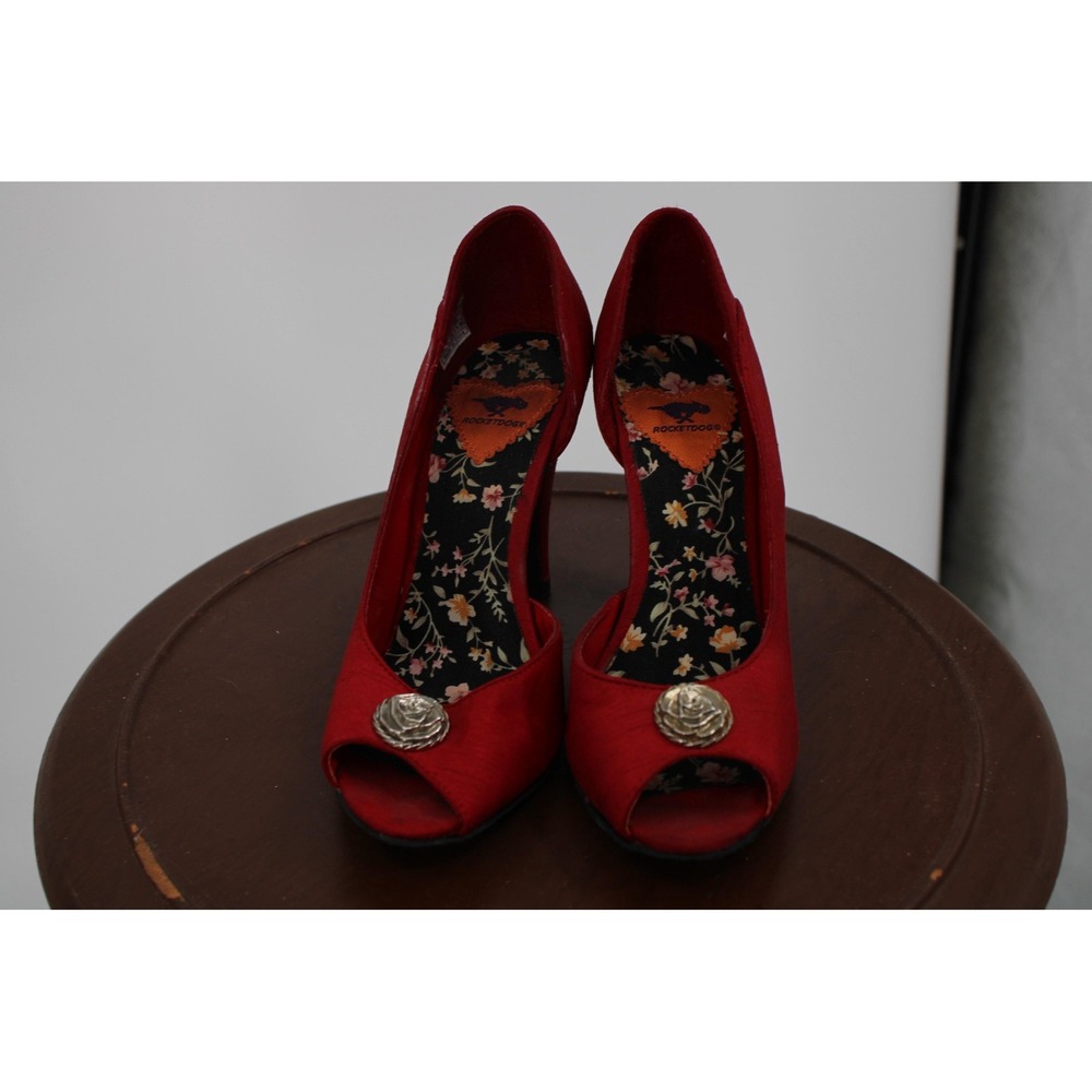 Rocket Dog Shoes Womens Size 6.5 Red Peep Toe Stiletto‎ Heels Rose Button Pumps
